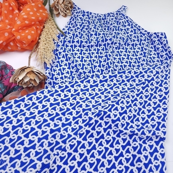 Jude Connally Blue and White Patterned Dress Sz L - Picture 9 of 16